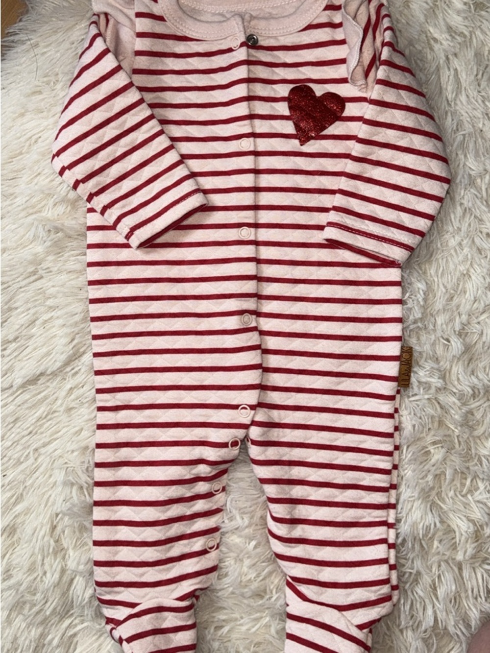 Red & Cream Striped Baby Footie with Glitter Heart